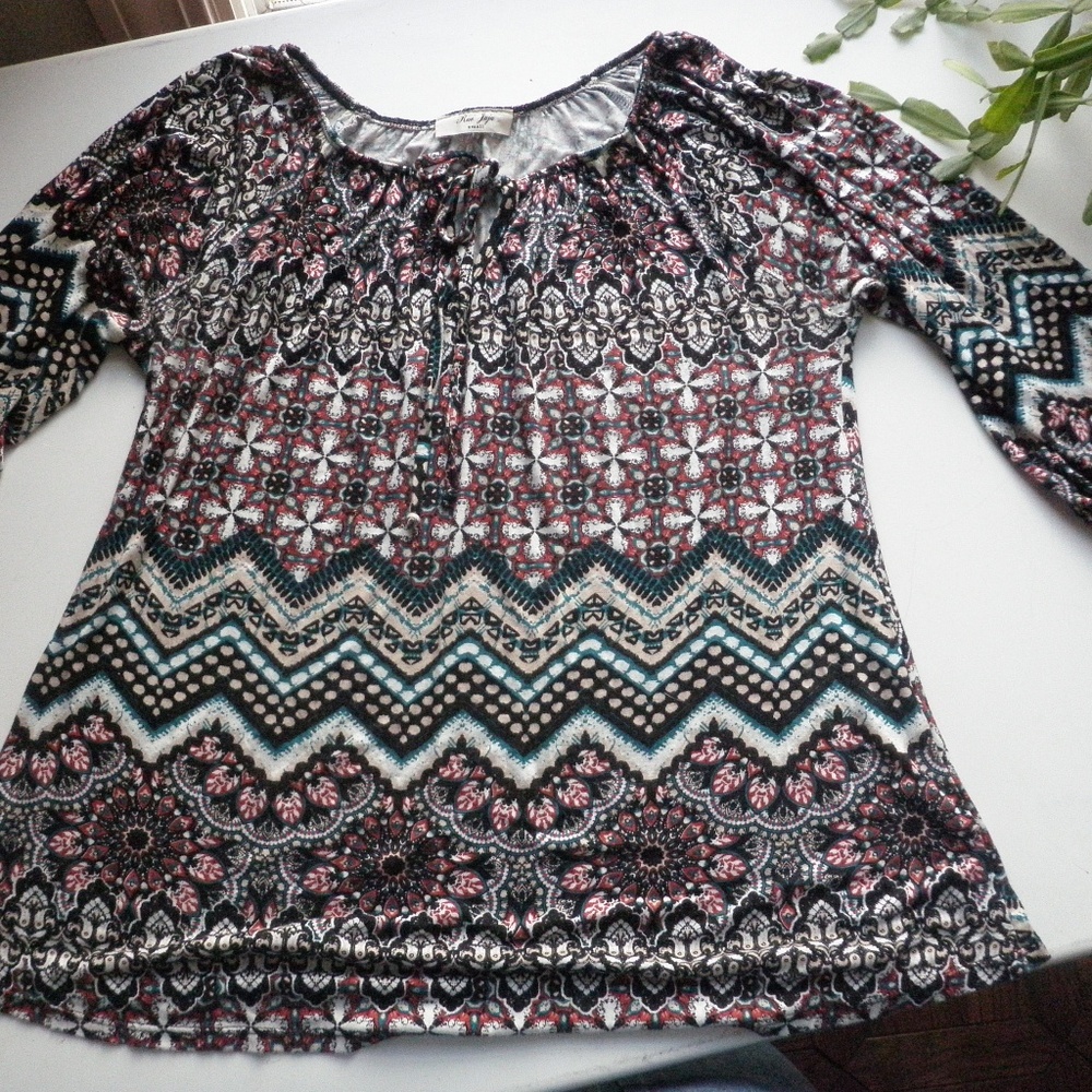 Red and Teal Patterned Blouse